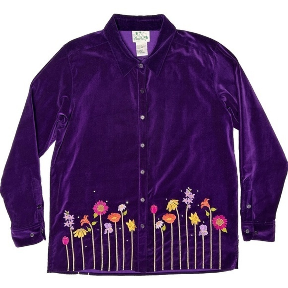 Quacker Factory Purple Velvet Floral Embroidered Rhinestone Button Shirt Large